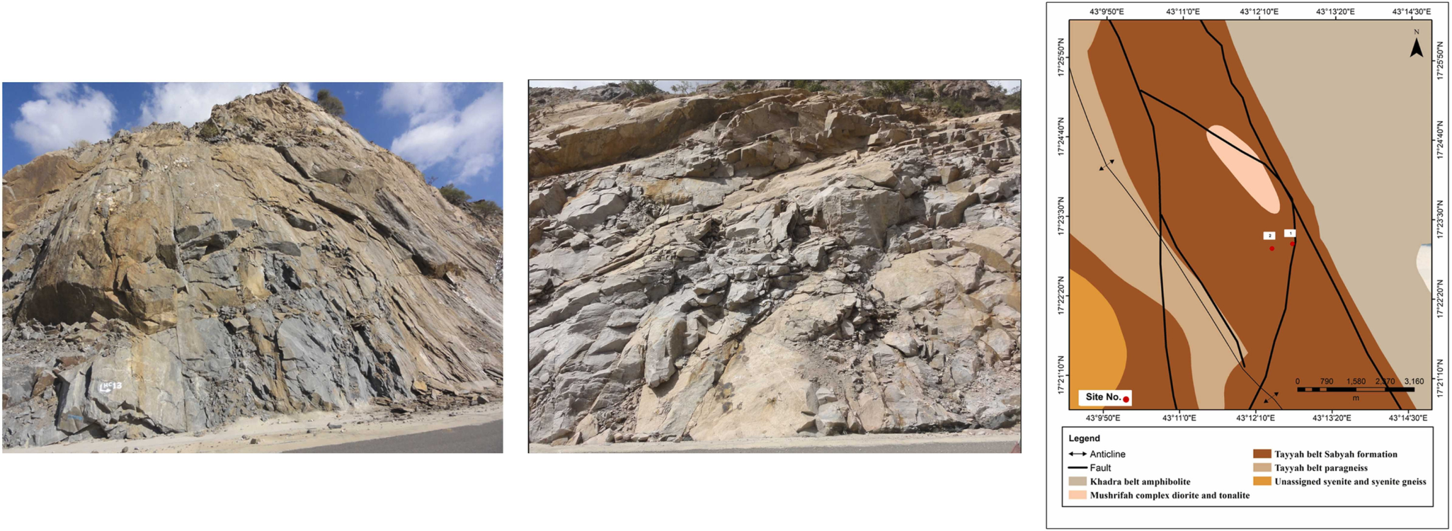 Figure 1. A photograph of Site 1 (left), Site 2 (middle) and the study area’s simplified geological map (right). Reproduced from Mensah et al. (2024) under CC BY 4.0.