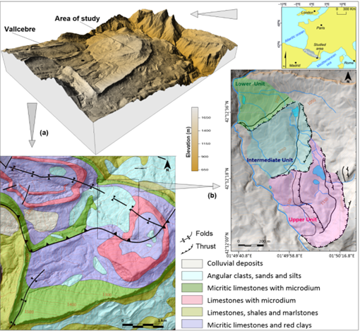 The image shows the geological map and a digital elevation model of the Vallcebre landslide