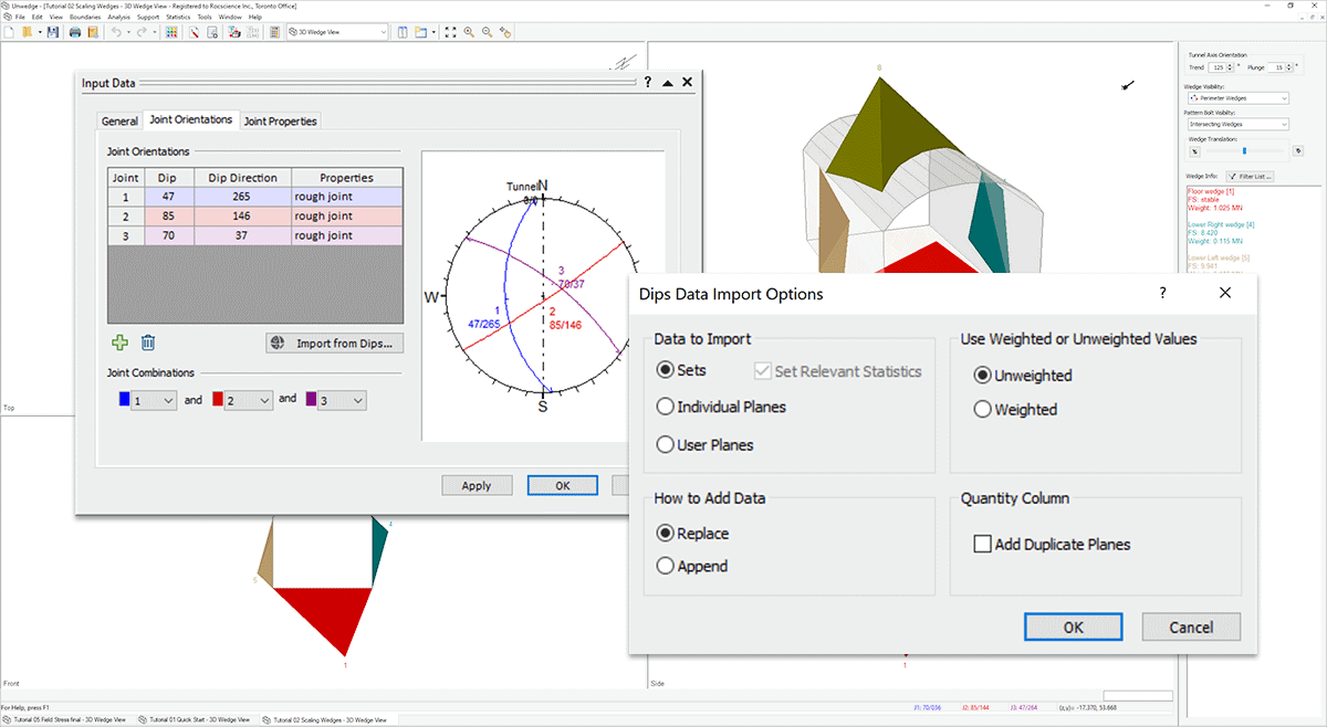 UI dialog with joint orientations (dip, dip direction) being imported.