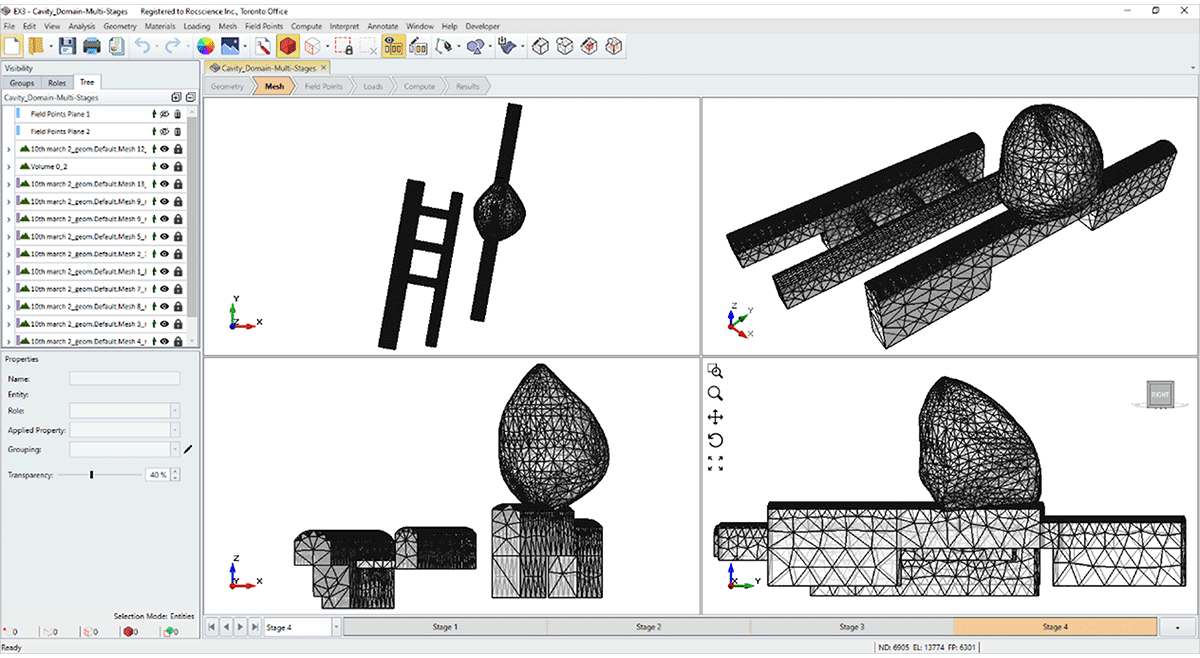 UI of EX3 showing a complex underground mining structure with a complex mesh.