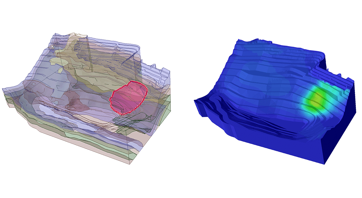 Two 3D models are shown with a critical failure region shown with LEM on the left and FEM on the right.