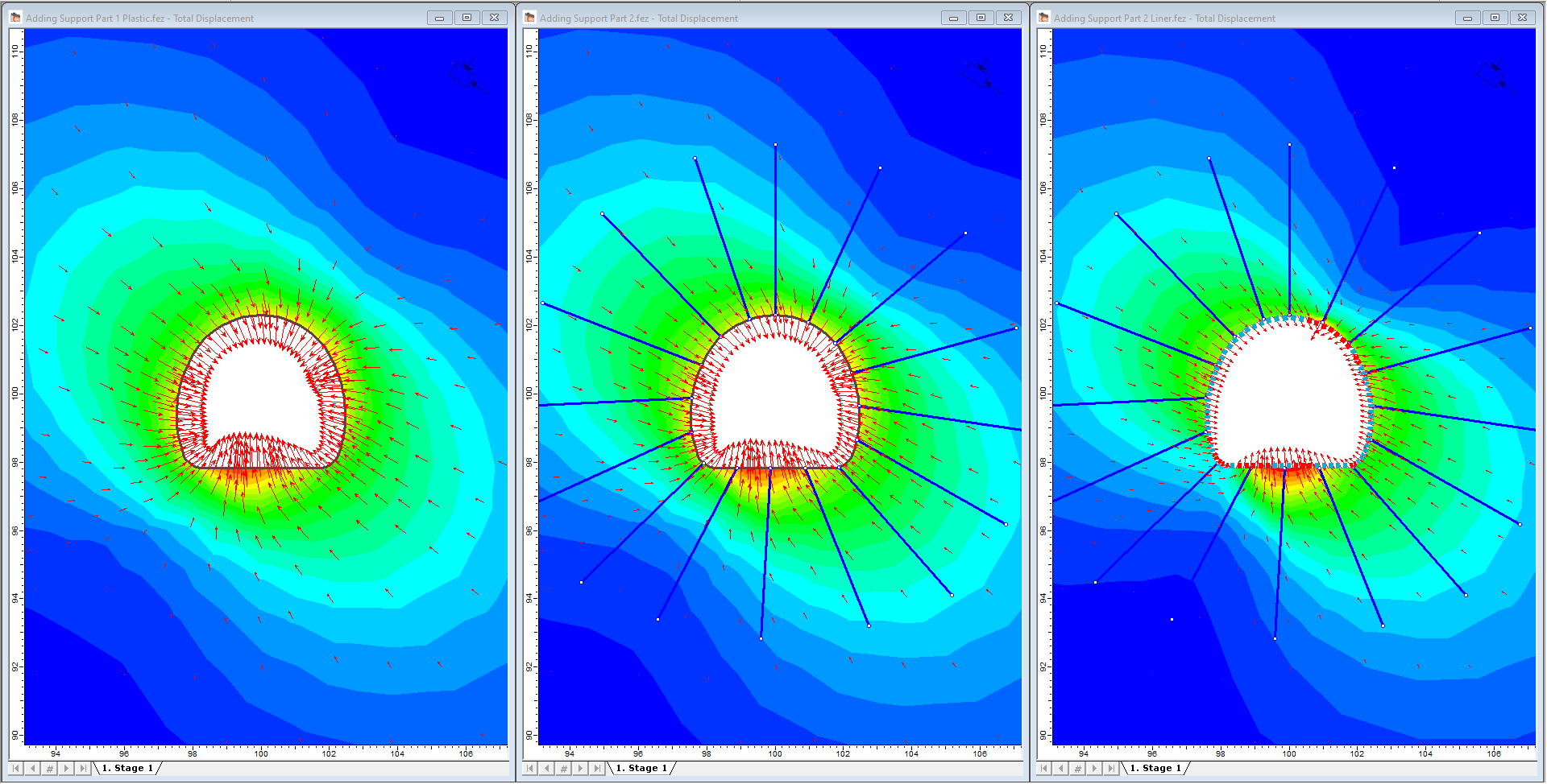 Tunnel support design total displacement contours and deformation vectors