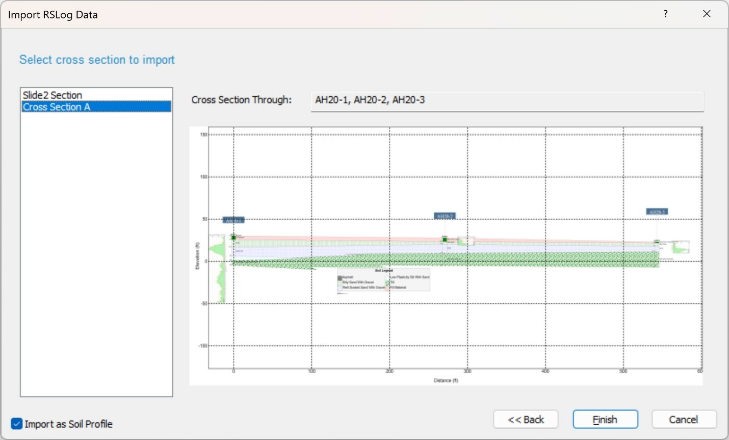 The image shows Import RSLog Data dialog in Slide2 - cross section list