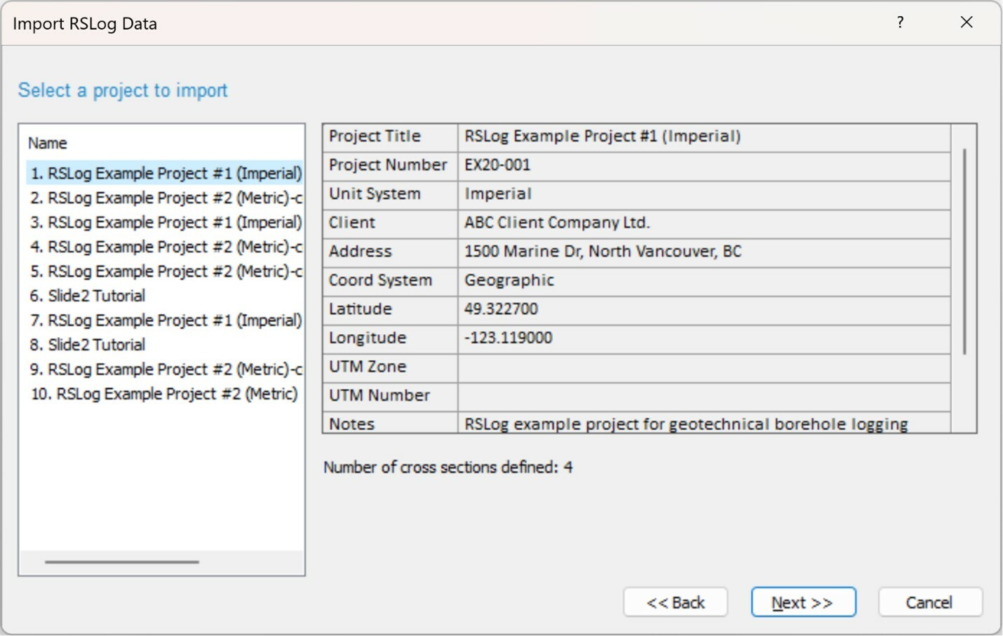 The image shows Import RSLog Data dialog in Slide2 - project list