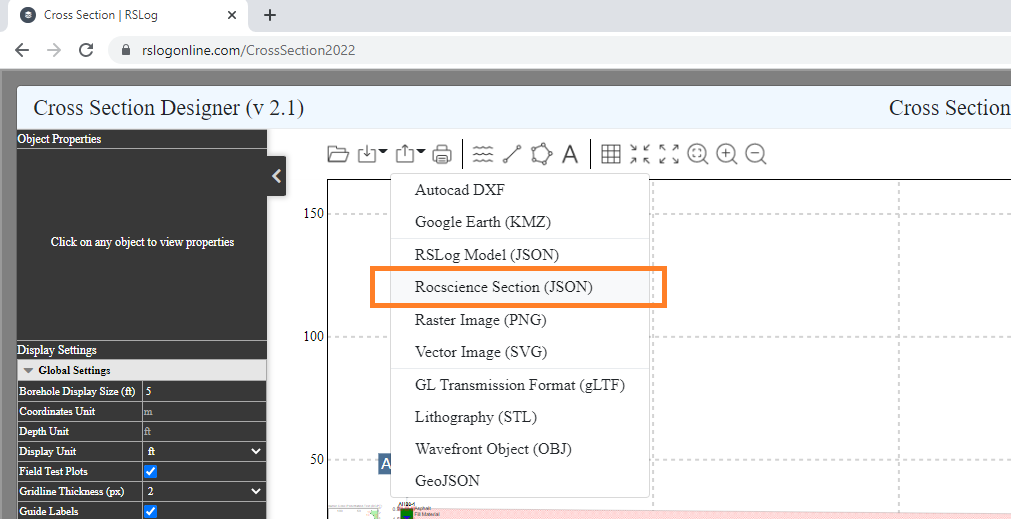 Screen Showing Rocscience Section File from RSLog