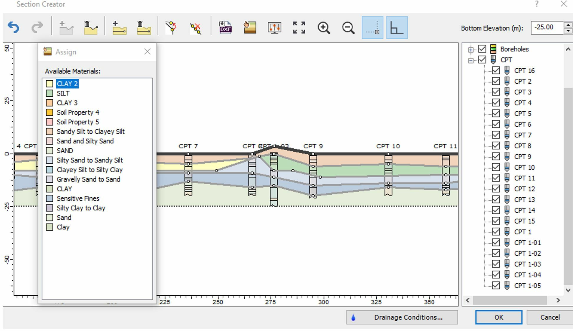 Dialog showing CPT Holes with Soil Profiles