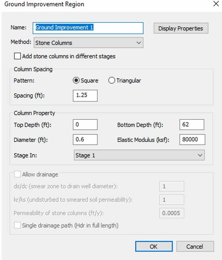 The image shows a Settle3 dialog with ground improvement display properties