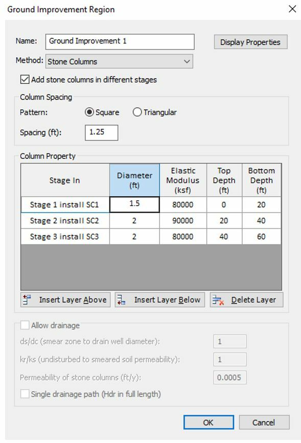 The image shows a Settle3 dialog with properties for ground improvement