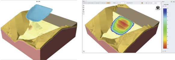 The image shows 3D stability analysis of residual soil with effective shear strength and critical failure surface