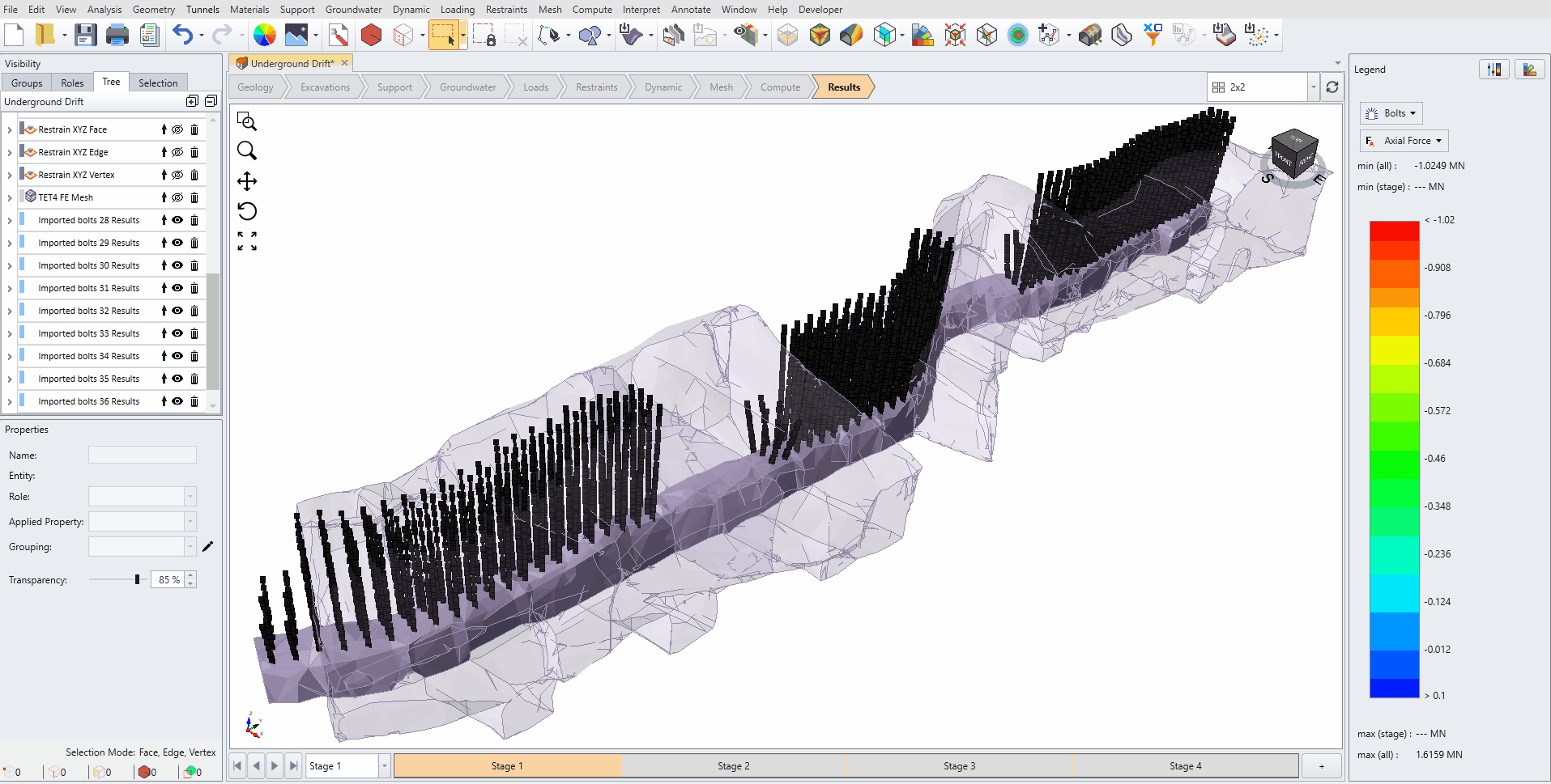 Figure 8. Axial force distribution on bolts, illustrating heightened tension for supports located within EDZs