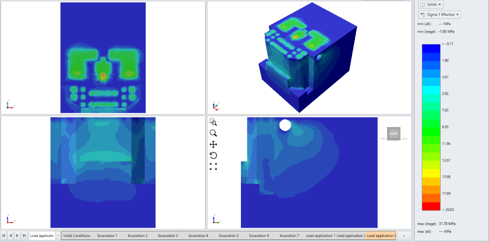 Figure 4. Major principal stress contours showing stress concentration beneath the projected surface load
