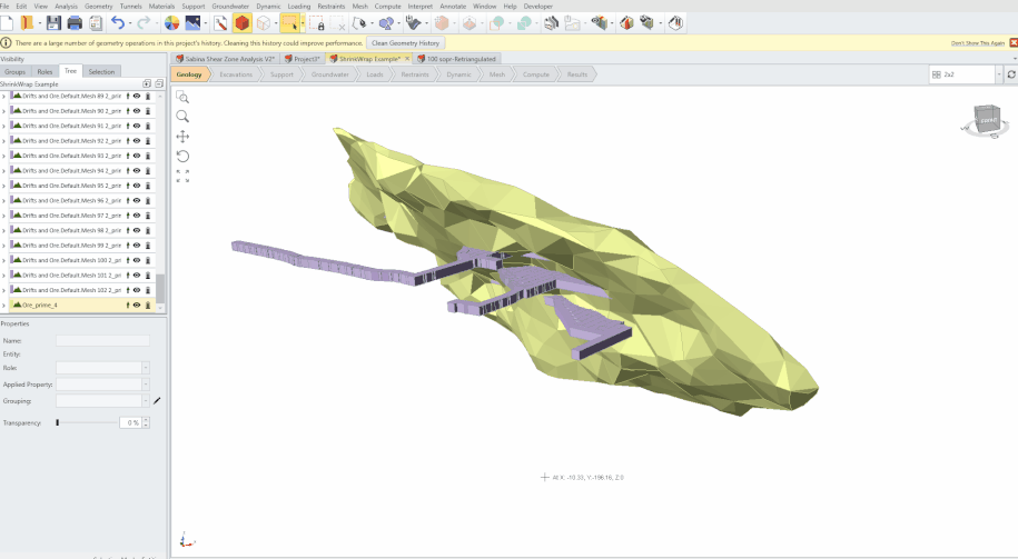 Figure 10. Demonstration of the Shrink Wrap workflow in RS3 cleaning rough drift geometries into simplified, watertight mesh