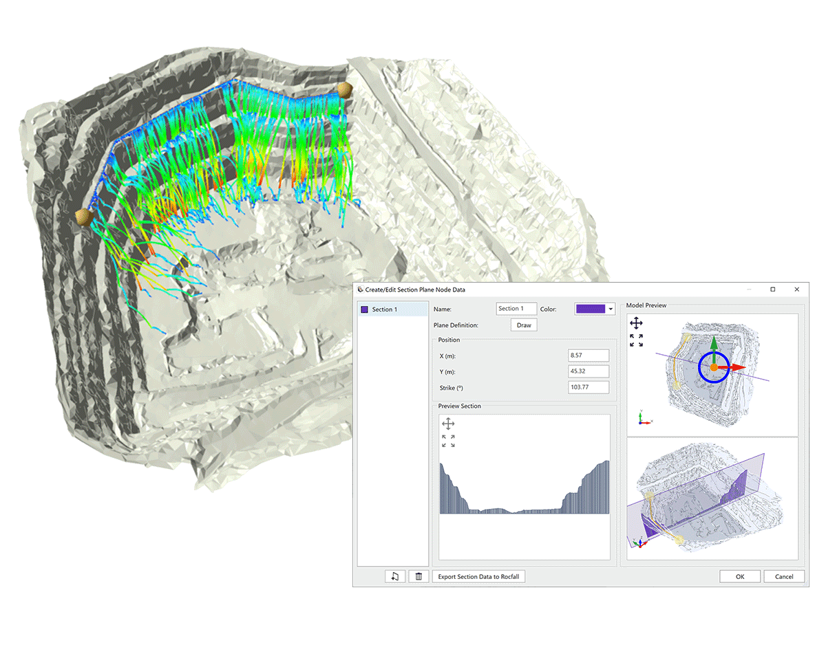 Open pit mine model with animated rockfall paths and a UI of RocFall2 section creator.